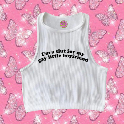 Sl*t For My Gay Little Crop Tank Top White Shirts & Tops PinkLimes Trending Streetwear