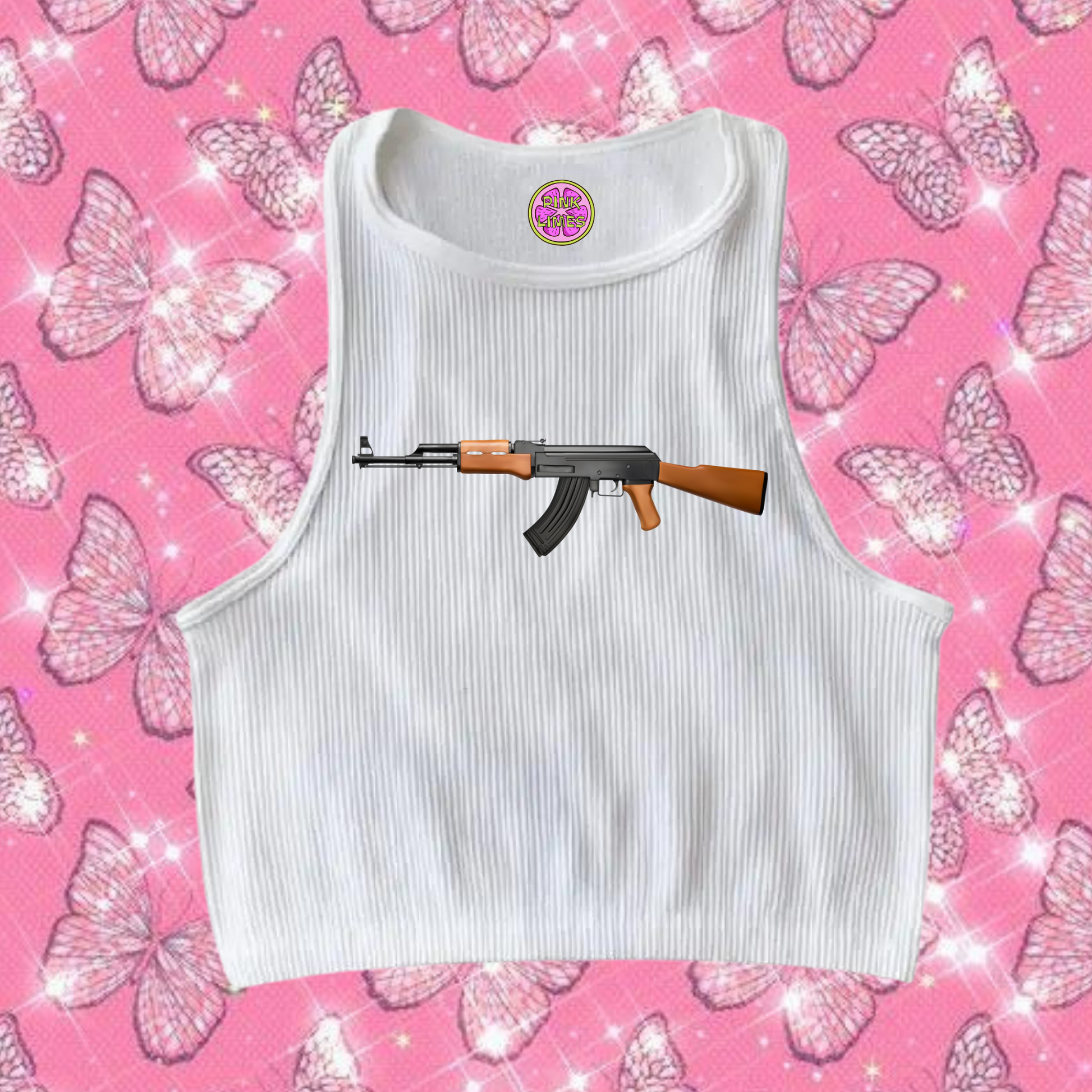 AK47 Crop Tank Top White Shirts & Tops PinkLimes Trending Streetwear