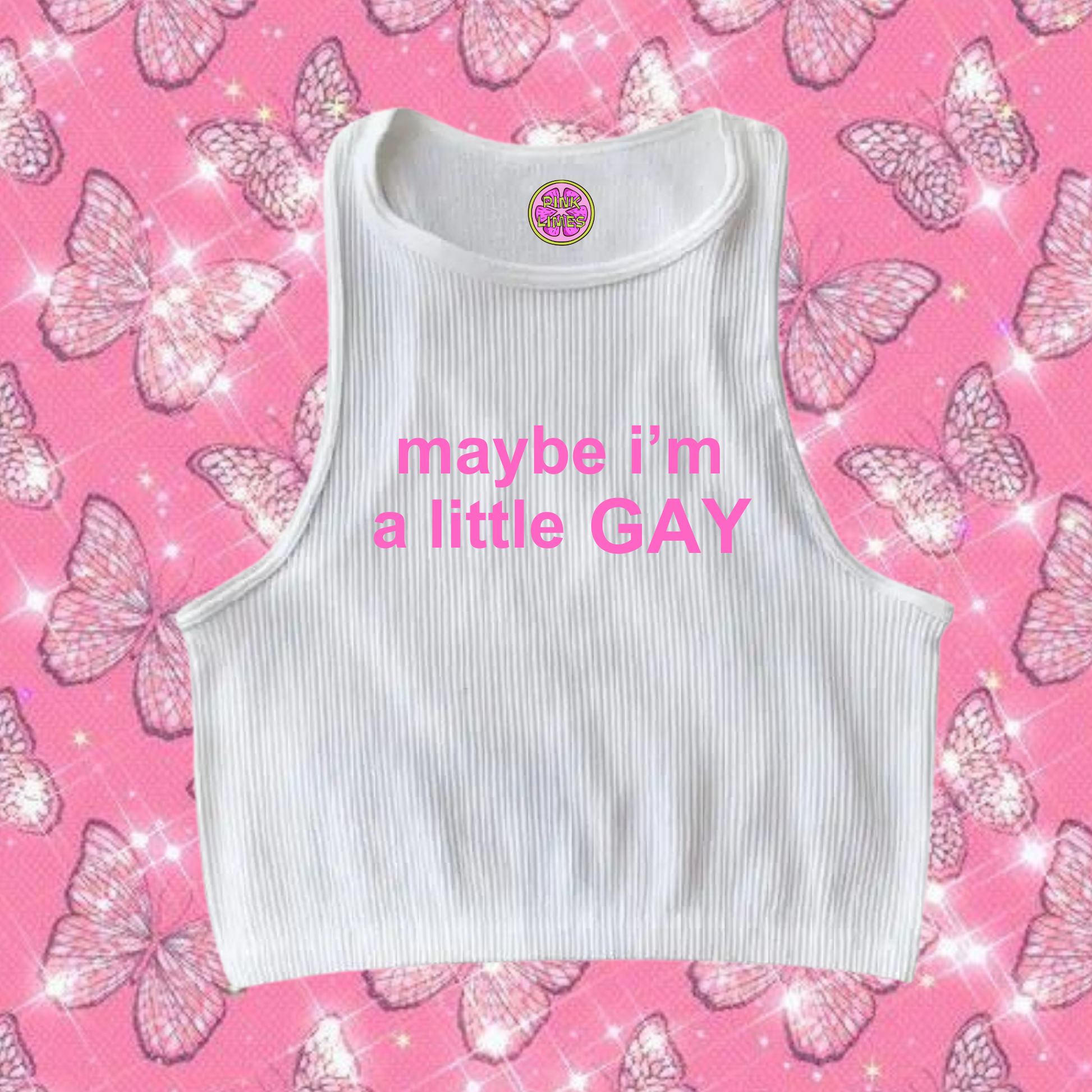 maybe i'm a little GAY Crop Tank Top White Shirts & Tops PinkLimes Trending Streetwear