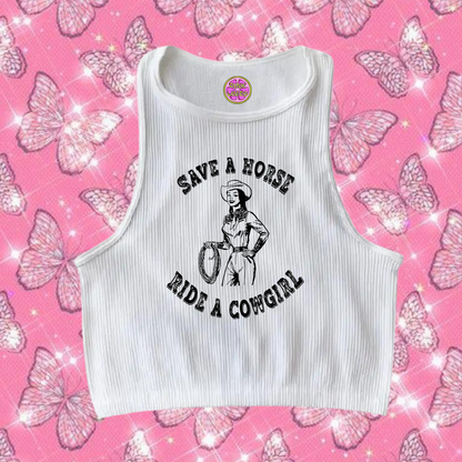 Save A Horse Ride A Cowgirl Crop Tank Top White Shirts & Tops PinkLimes Trending Streetwear