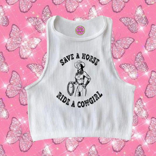 Save A Horse Ride A Cowgirl Crop Tank Top White Shirts & Tops PinkLimes Trending Streetwear