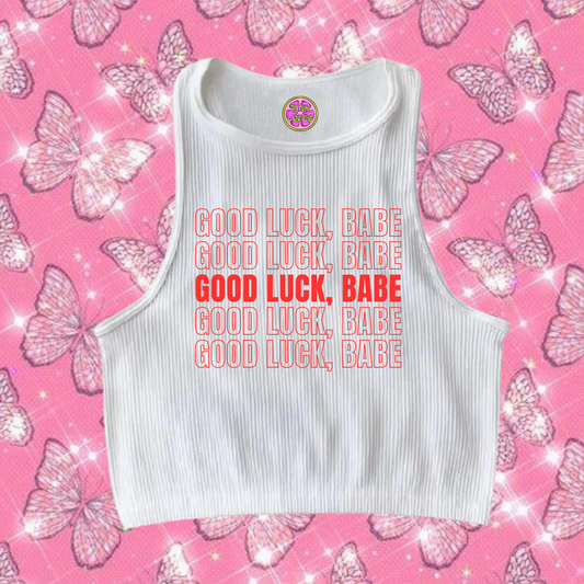 Good Luck, Babe Crop Tank Top White Shirts & Tops PinkLimes Trending Streetwear
