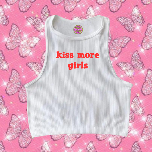 Kiss More Girls Crop Tank Top White Shirts & Tops PinkLimes Trending Streetwear