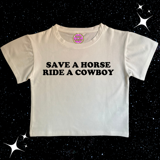 Save A Horse Ride A Cowboy Crop Tee White Shirts & Tops PinkLimes Trending Streetwear