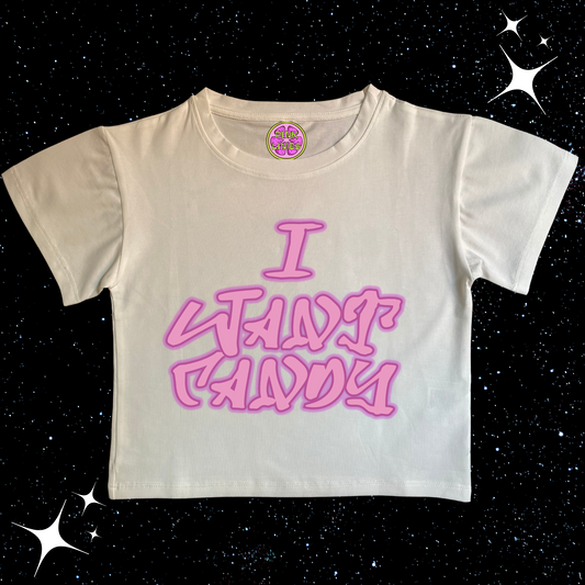 I Want Candy White Crop Tee Shirts & Tops PinkLimes Trending Streetwear
