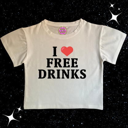I love Free Drinks Crop Tee White Shirts & Tops PinkLimes Trending Streetwear