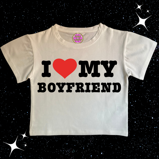 I Love My Boyfriend White Crop Tee Shirts & Tops PinkLimes Trending Streetwear