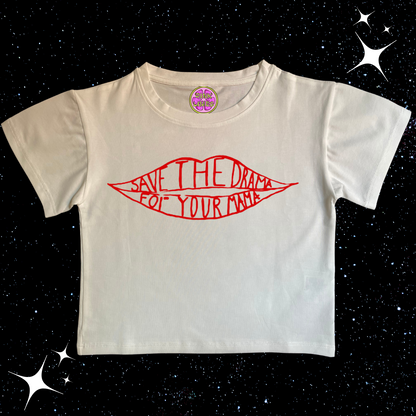 Save The Drama For Your Mama Crop Tee White Shirts & Tops PinkLimes Trending Streetwear