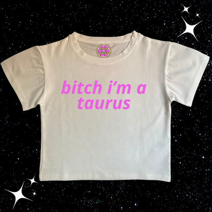 B*itch I'm A Zodiac Sign Crop Tee White Shirts & Tops PinkLimes Trending Streetwear