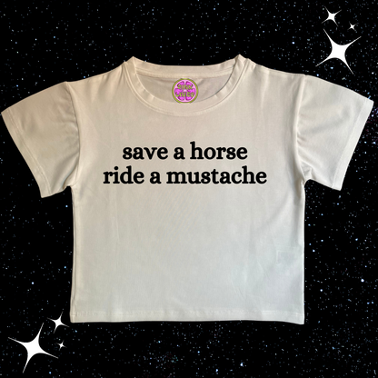 Save A Horse Ride A Mustache Crop Tee White Shirts & Tops PinkLimes Trending Streetwear