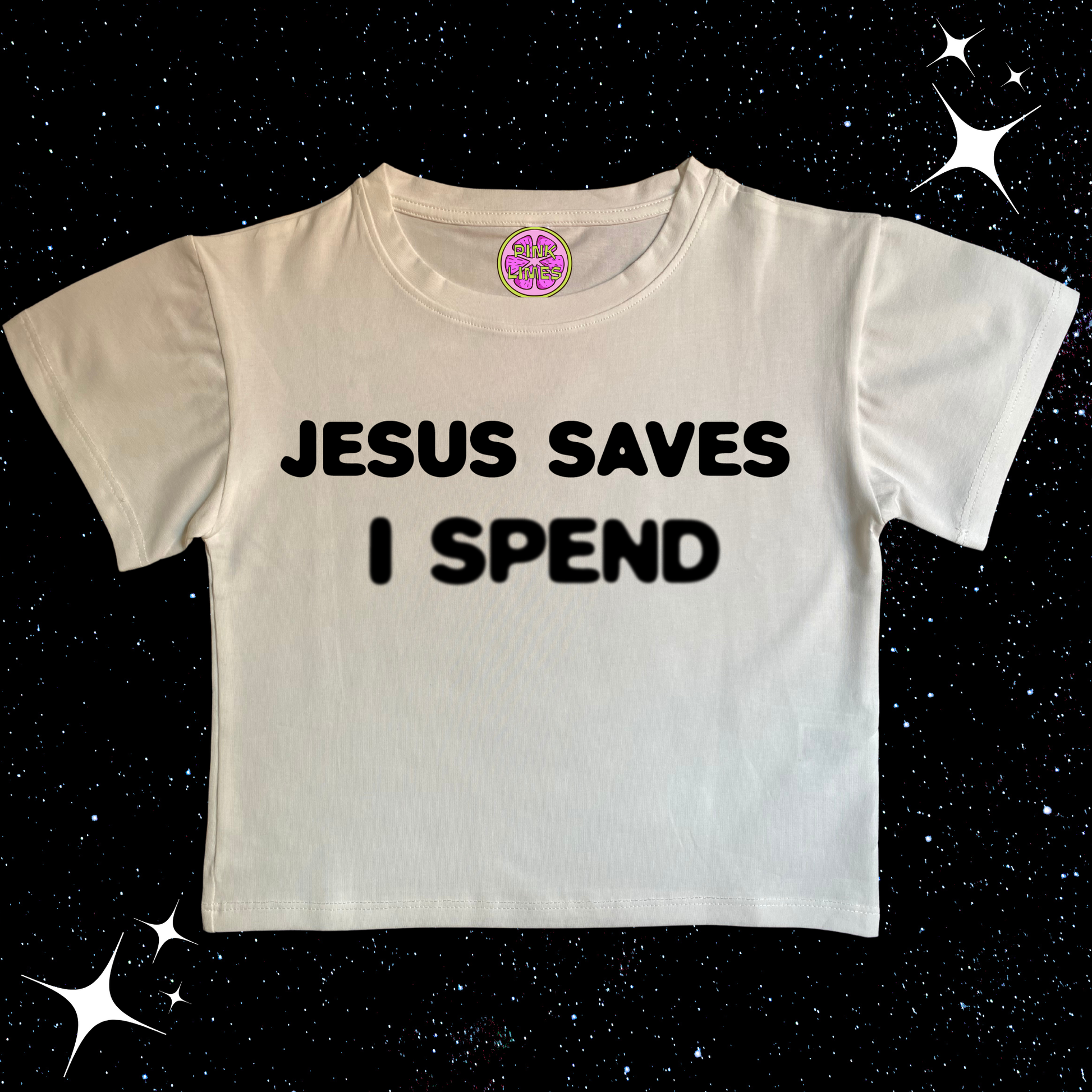 Jesus Saves I Spend Crop Tee White Shirts & Tops PinkLimes Trending Streetwear