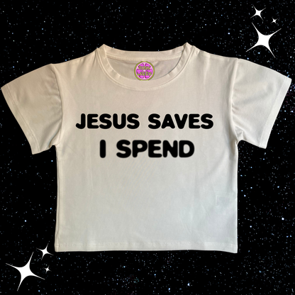 Jesus Saves I Spend Crop Tee White Shirts & Tops PinkLimes Trending Streetwear