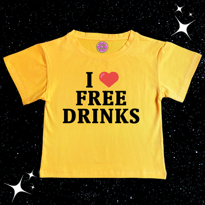 I love Free Drinks Crop Tee Yellow Shirts & Tops PinkLimes Trending Streetwear
