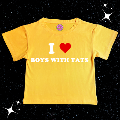 I love boys with tats Crop Tee Yellow Shirts & Tops PinkLimes Trending Streetwear