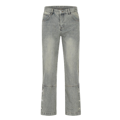 Washed Snap-Hem Straight Leg Jeans Gray PinkLimes Trending Streetwear