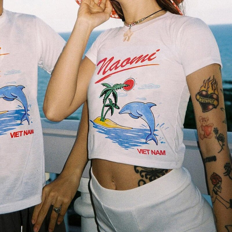 Beach Illustration Crop Tee Shirts & Tops PinkLimes Trending Streetwear