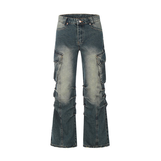 Pleated Washed Blue Denim Cargo Jeans Blue PinkLimes Trending Streetwear