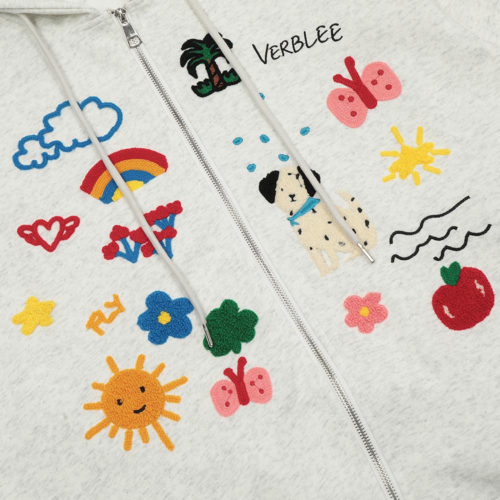 Embroidered Cartoon Zip-Up Hoodie Shirts & Tops PinkLimes Trending Streetwear