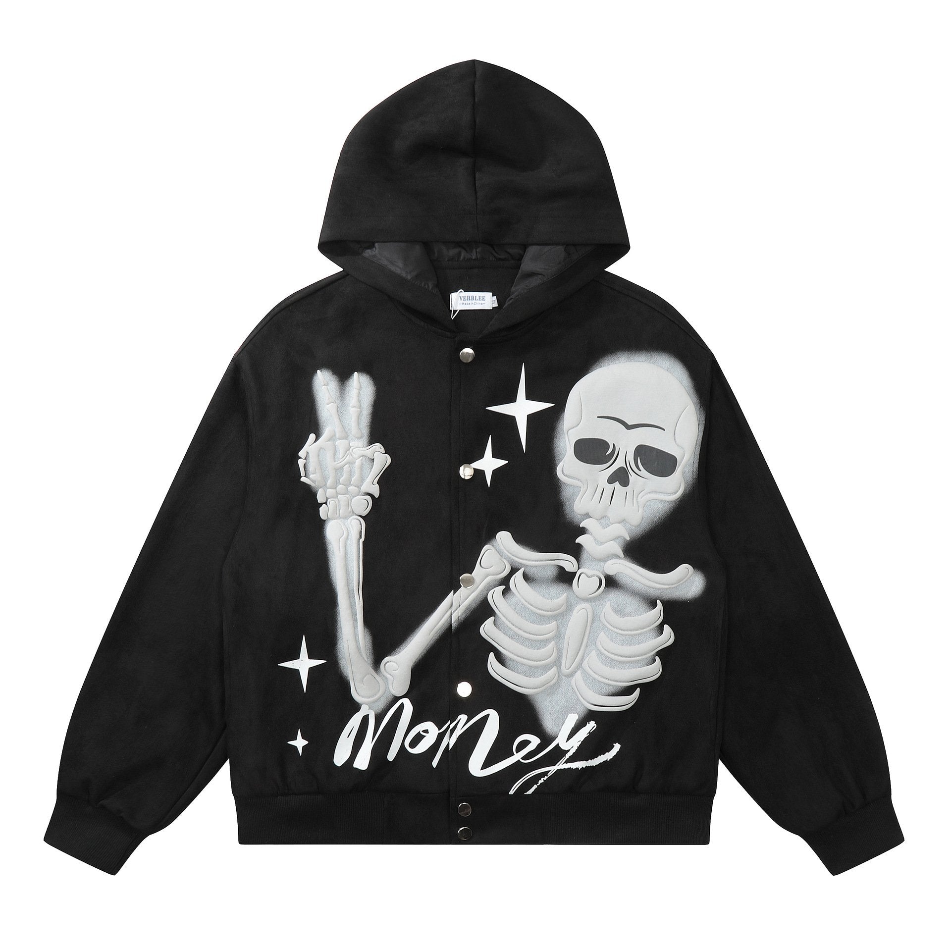 Peace Skeleton Button-Up Hoodie Black Shirts & Tops PinkLimes Trending Streetwear