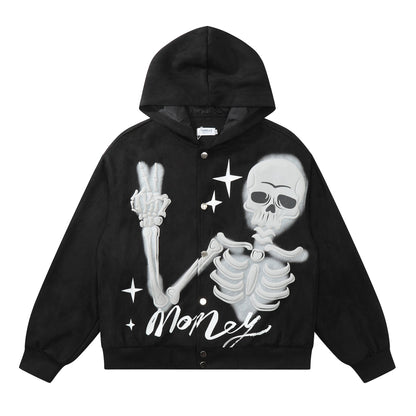 Peace Skeleton Button-Up Hoodie Black Shirts & Tops PinkLimes Trending Streetwear