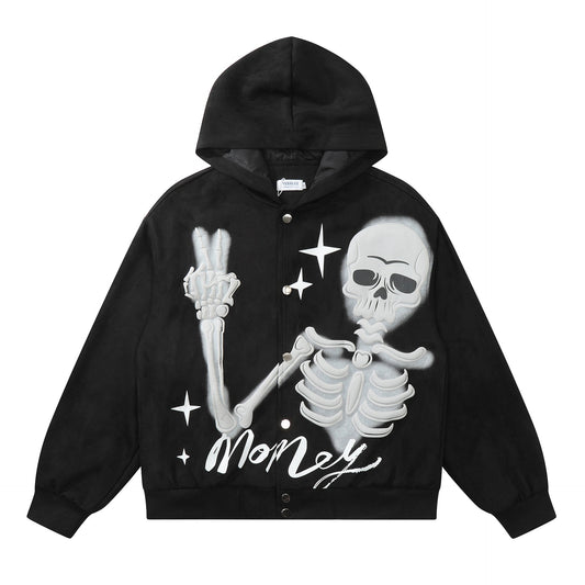 Peace Skeleton Button-Up Hoodie Black Shirts & Tops PinkLimes Trending Streetwear
