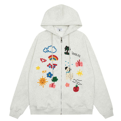 Embroidered Cartoon Zip-Up Hoodie Grey Shirts & Tops PinkLimes Trending Streetwear