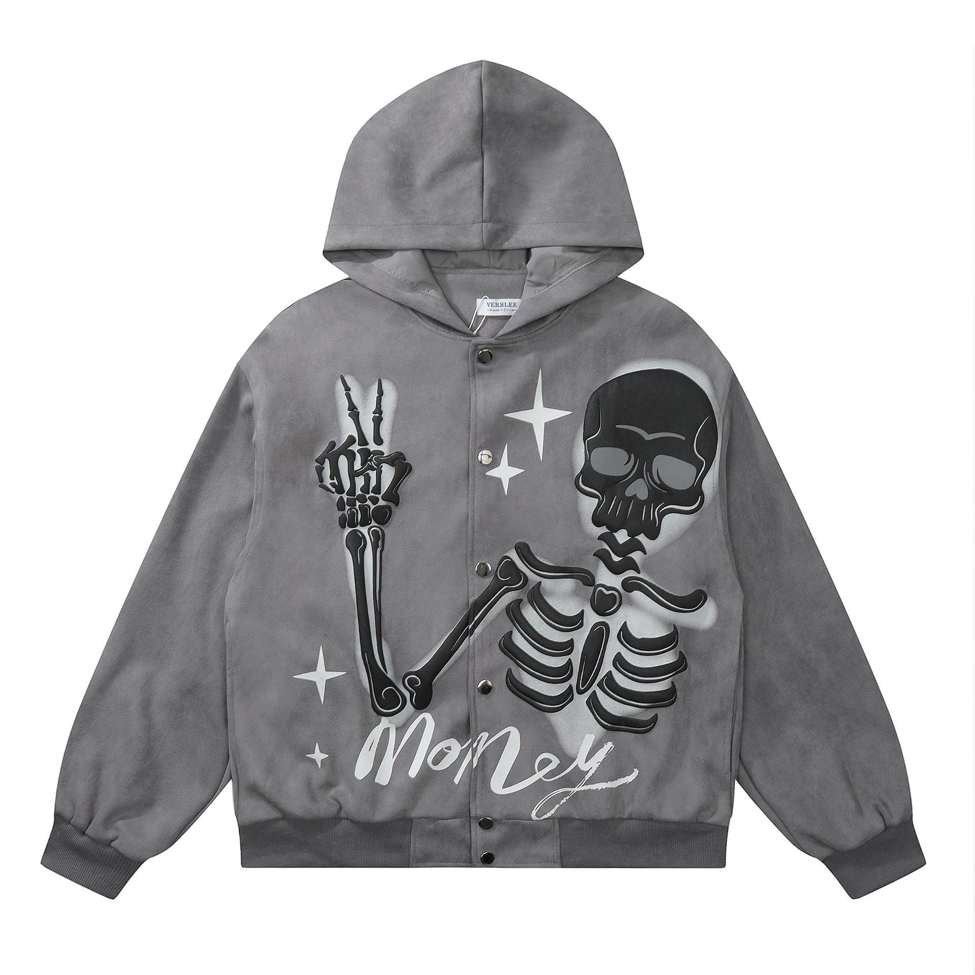 Peace Skeleton Button-Up Hoodie Grey Shirts & Tops PinkLimes Trending Streetwear