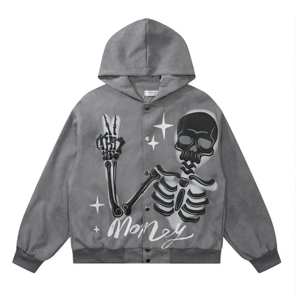 Peace Skeleton Button-Up Hoodie Grey Shirts & Tops PinkLimes Trending Streetwear