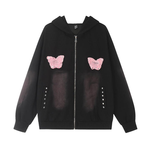 Embroidered Butterfly Hoodie Black Shirts & Tops PinkLimes Trending Streetwear