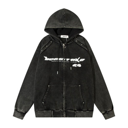 y2k Washed Zip-Up Hoodie Black Shirts & Tops PinkLimes Trending Streetwear