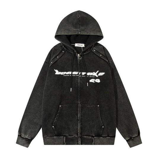y2k Washed Zip-Up Hoodie Black Shirts & Tops PinkLimes Trending Streetwear
