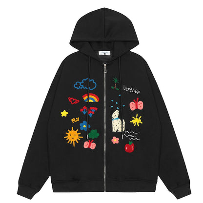 Embroidered Cartoon Zip-Up Hoodie Black Shirts & Tops PinkLimes Trending Streetwear
