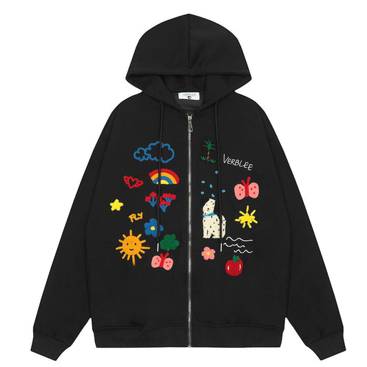 Embroidered Cartoon Zip-Up Hoodie Black Shirts & Tops PinkLimes Trending Streetwear