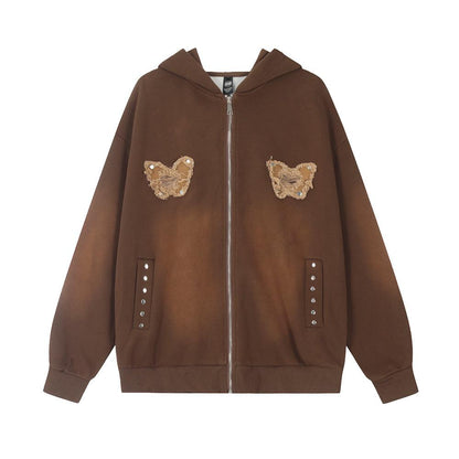 Embroidered Butterfly Hoodie Brown Shirts & Tops PinkLimes Trending Streetwear