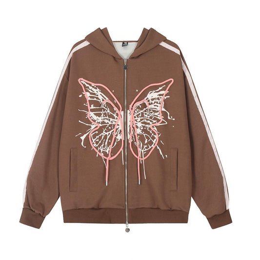 Butterfly Zip-Up Hoodie Brown Shirts & Tops PinkLimes Trending Streetwear