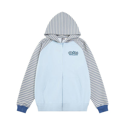 Striped Zip-Up Hoodie Light Blue Shirts & Tops PinkLimes Trending Streetwear