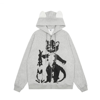 Boss Cat Zip-Up Hoodie Grey Shirts & Tops PinkLimes Trending Streetwear