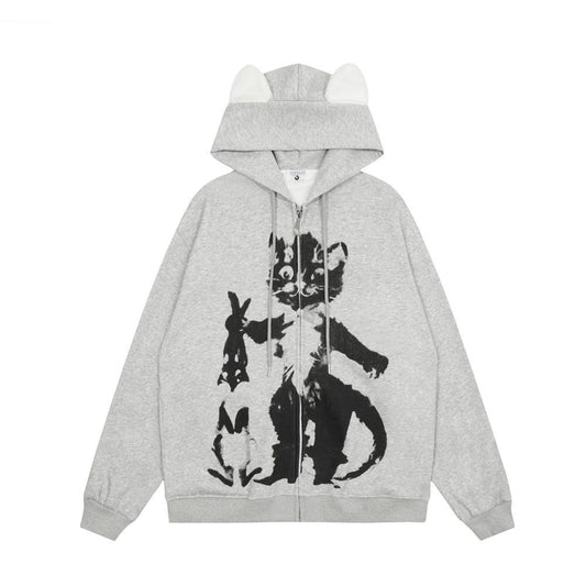 Boss Cat Zip-Up Hoodie Grey Shirts & Tops PinkLimes Trending Streetwear